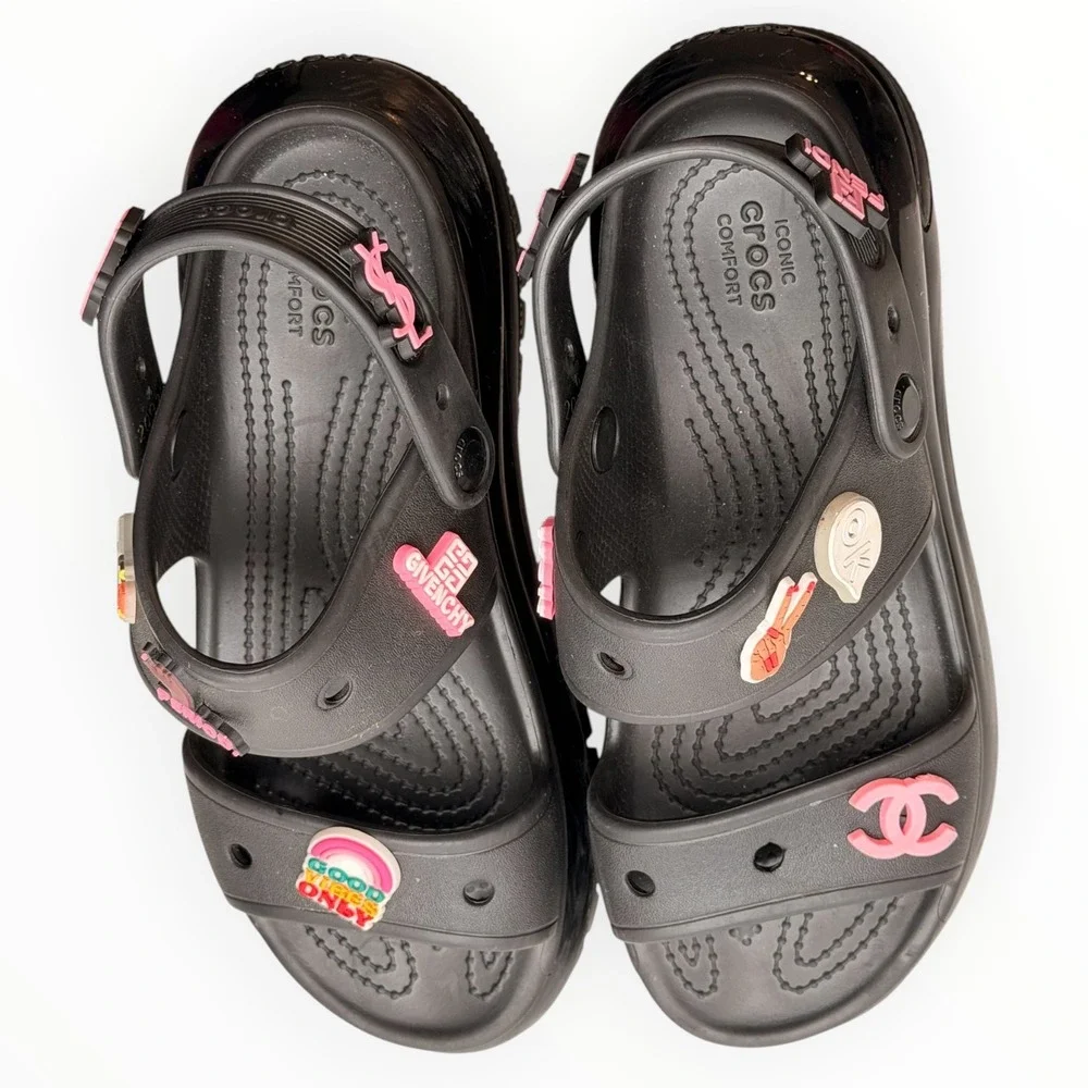 Crocs Mega Crush Sandals Black Platform Custom Designer Inspired Charms Womens 7